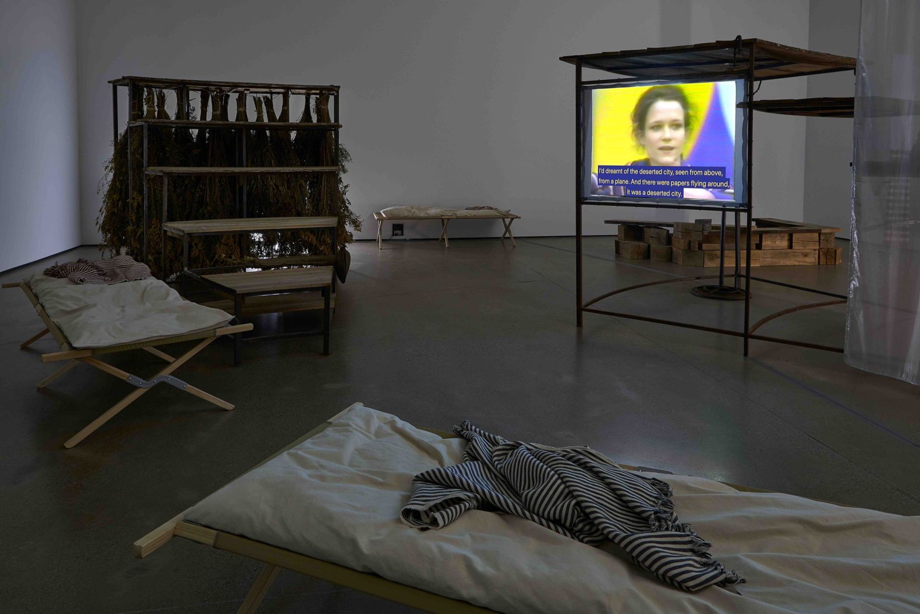 Michael Stickrod, Untitled (Bleachers 1, 2), 2019; Michel Auder, May ’68 in ’78, 1978, EDITED IN 2019, by Michael Stickrod. Installation view Beeler Gallery, 2019.